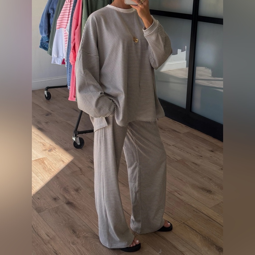 TALULAH Charcoal and White ‘Just Lounging’ Striped Set